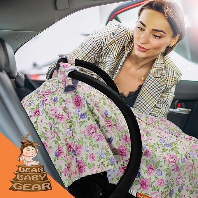 Dear Baby Gear Floral Baby Car Seat Canopy with Snap Button Opening - Newborn & Toddler Carseat Cover - Nursing Covers - Infant Chair Essentials (Lavender Pink Floral & Dot, 40" x 30")