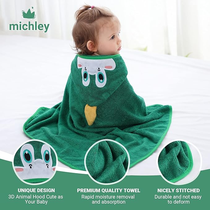 MICHLEY Bamboo Viscose Baby Hooded Bath Towel for Boys and Girls, 29.5 x 29.5 Inch Ultra-Soft and Quick-drying Infant Bath (Dinosaur)