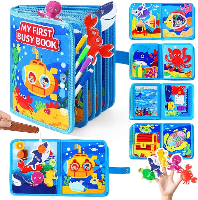 evoceler Busy Book, Busy Board with Fishing Game & Coloring Page, Montessori Toys for Toddlers 18 Months+, Quiet Airplane Travel Toy, Sensory Learning Toy for Toddlers 2-5, Girls Boys Birthday Gift