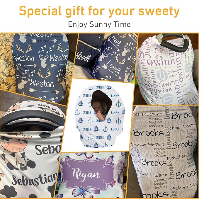 Personalised Infant Car Seat for New Parents - Baby Carseat Cover, Breast Feeding Cover, Blue Sailboat Pattern Multi-Function pad for Boys Girls Toddlers - Christmas Gift for Parent Babies(27"x29")