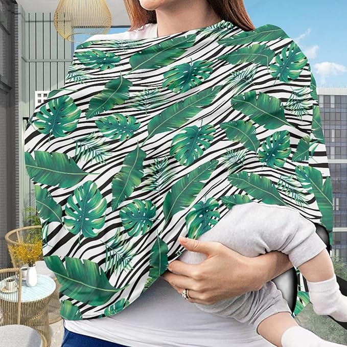 Coldinair Zebra Palm Leaves Print Car Seat Cover for Babies Boys Girls,Soft Stretchy Nursing Cover,Breathable Infant Carseat Canopy,Shopping Cart/High Chair/Stroller Covers