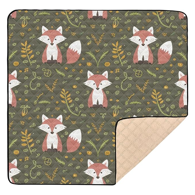 Animal Foxes Leave Green Baby Playmat Washable Playroom Crawling Mat Non-Slip Play Mats for Floor 50x50 Playpen Mat