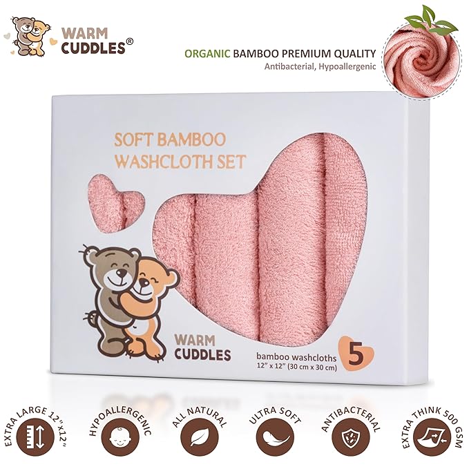 Soft Baby Washcloths Set - Absorbent Natural Baby Wash Cloth for Delicate Skin - 12"x12" Large Baby Bath Washcloths - Newborn Bath Face Towel (Pink)