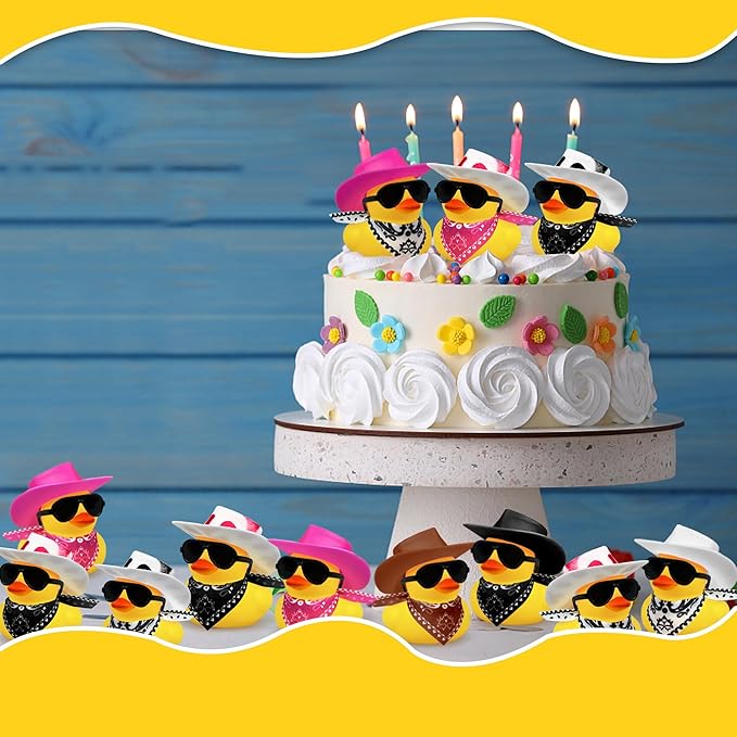 24 Sets Disco Cowboy Rubber Ducks with Scarf Hat and Sunglasses Mini Bath Duck Toys for Birthday Swimming Party Gift Favor Decorations
