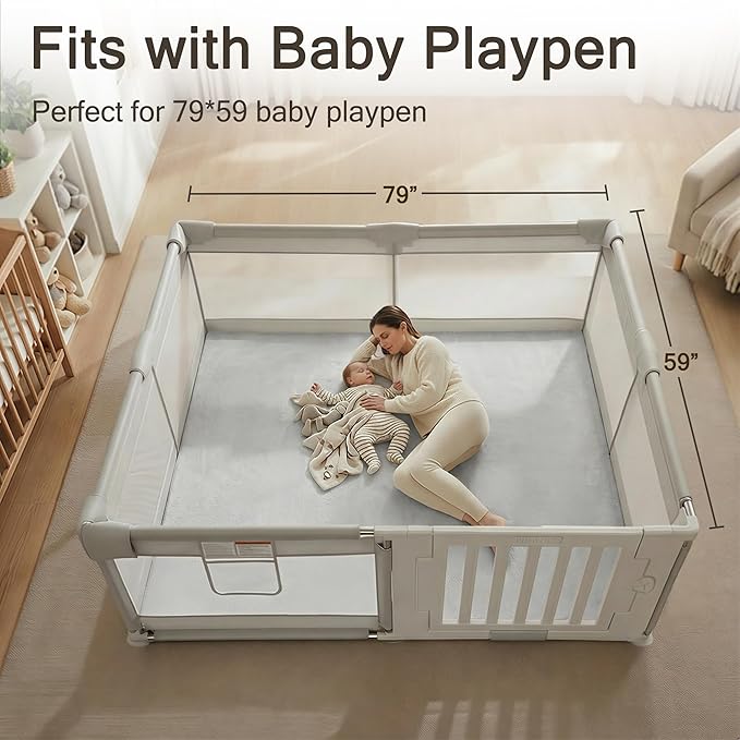 79" ×59" Padded Baby Play Mat for Floor, 1.2" Thick Machine Washable Foam Playmat, Soft Tummy Time Crawling Playpen Mat with Non-Slip Bottom, Fits 79" x59" Playpens