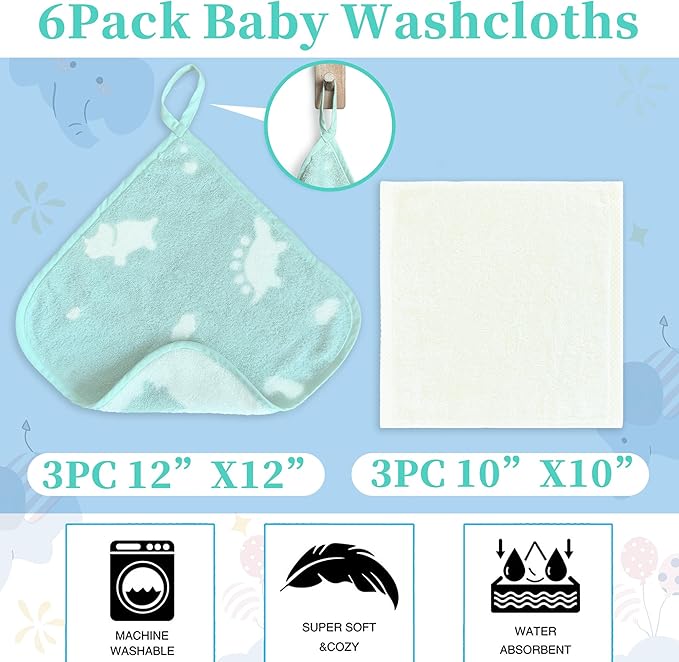 VOOVA & MOVAS Dino & Ivory Ultra-Soft Baby Washcloths – 100% Cotton, Highly Absorbent – 12"x12", 6 Pack – Newborn Towels – Baby Essentials – Perfect Set