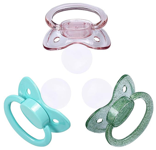 J&Or The Classic Original Adult Sized Pacifier Dummy - Three Color Pack - Transparent Pink | Turquoise | Glitter Green