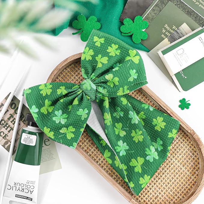 7” St Patricks Baby Girls Bows Shamrock Clover Headbands Green Leaves Tied Bows Hairbands St Patricks Day Hair Accessories Gift for Infant Baby Girls