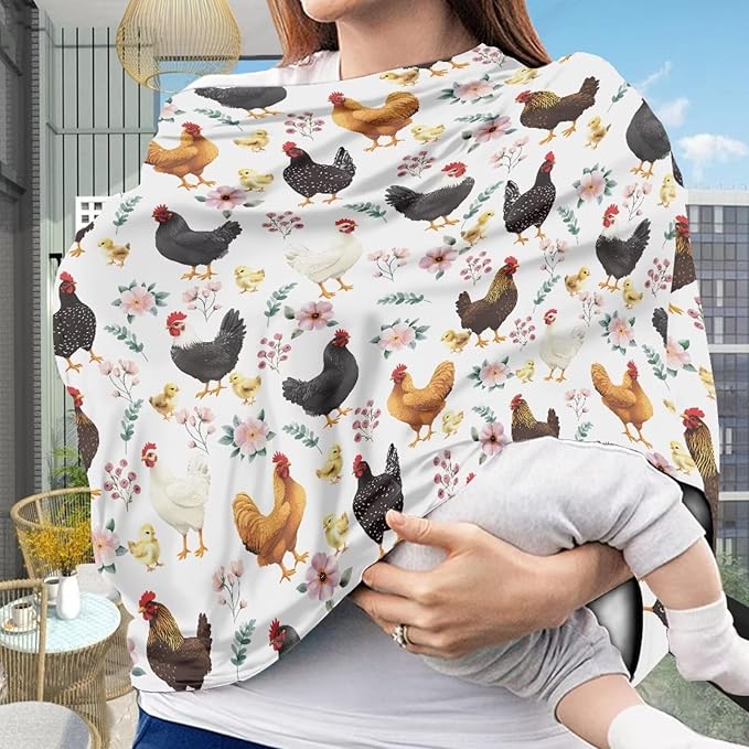 Binienty Babies Car Seat Cover - Rooster Floral Car Seat Covers for Baby Girls Boys Stretchy Multi-Use Breastfeeding Scarf for Moms, Newborn Essentials Baby Shower Gifts