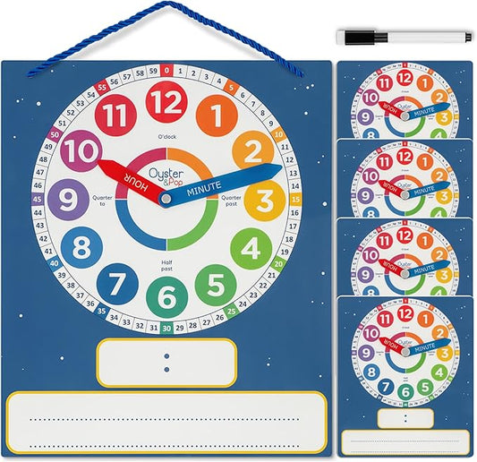 5 Pack Dry Erase Learning Clocks - Award-Winning Large Magnetic Clock & 4 Student Practice Clocks - Analog & Digital Classroom Teaching Tools - Includes E-Book to Help Kids Tell Time Easily