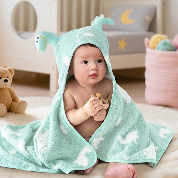 VOOVA & MOVAS Mint Dinosaur Baby Hooded Towel – 100% Cotton, 420GSM, Super Absorbent – 30.5" x 36", for 0–18 Months – Thick Large Bath Towel for Newborn, Infant, Toddler, Baby Essentials