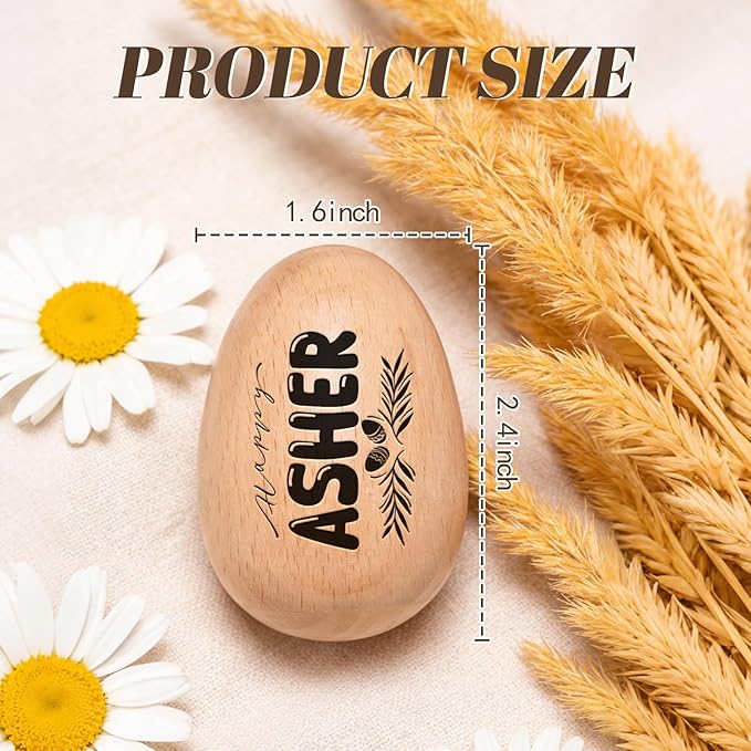 Custom Musical Easter Egg Shaker with Engraved Name, First Easter Gifts for Baby 2026, Wooden Easter Egg Basket Stuffers for Kids, Fake Eggs for Egg Hunting Prize Decor Party Baptism Gift 1 PCS