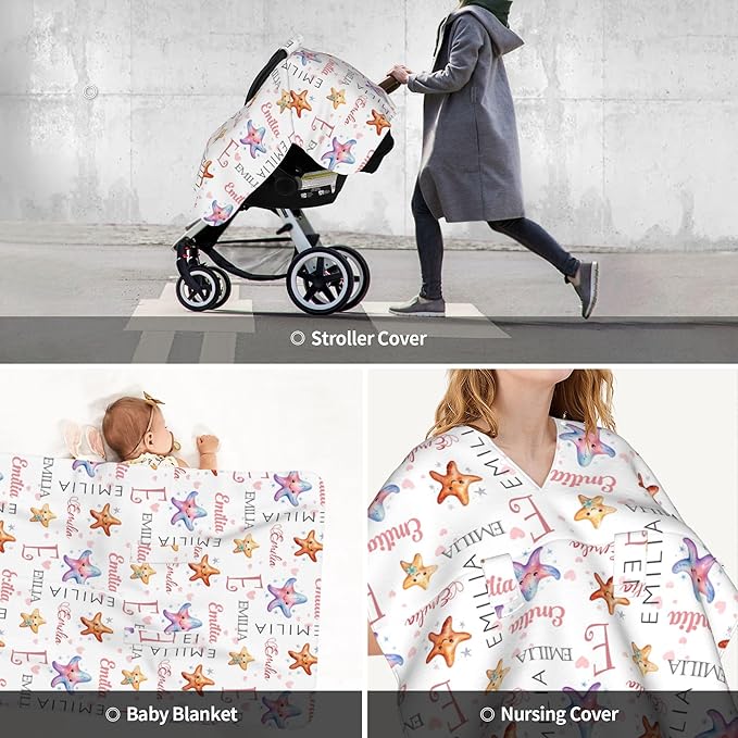 Custom Baby Car Seat Canopy Personalized Car Seat Covers with Name for Baby Boys Girls Customized Starfish Nursing Breastfeeding Cover Infant Carseat Canopies Newborn Minky Baby Blanket