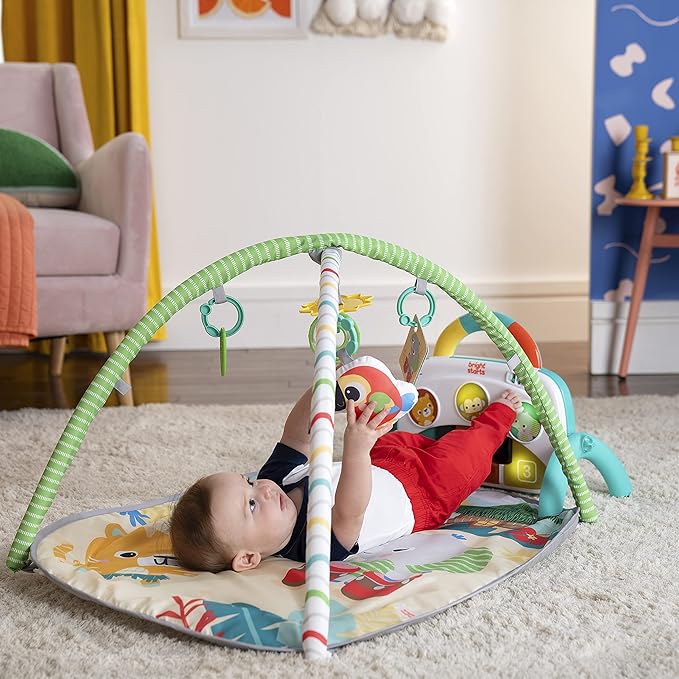 Bright Starts 4-in-1 Groovin’ Kicks Piano Gym, Tummy Time Play Mat & Activity Baby Toys, Green - Tropical Safari, Newborn to Toddler