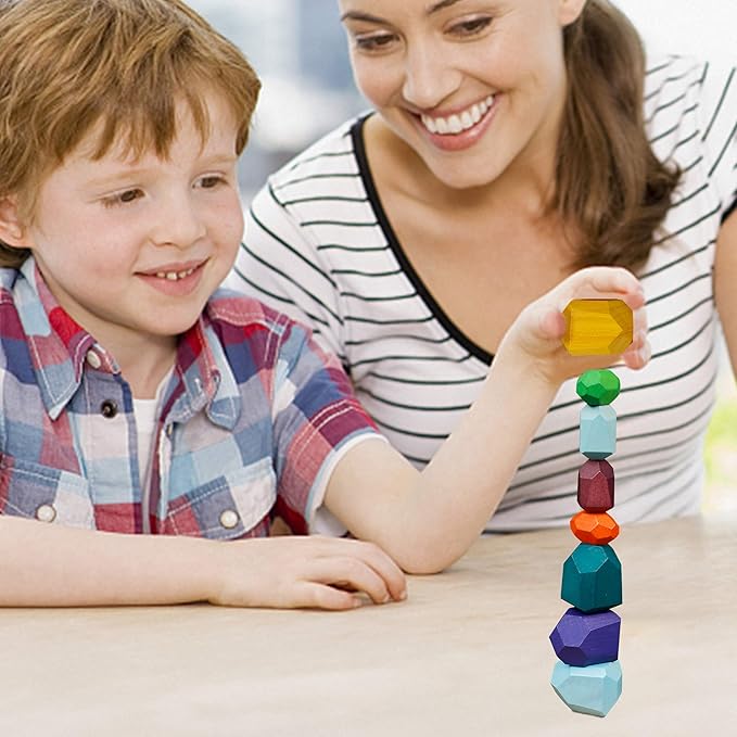 Cllayees 16 Pcs Wooden Stacking Blocks Rocks Building Toys, Colored Solid Wood Stones Pre-School Educational Games Creative Toys for Kids Toddlers