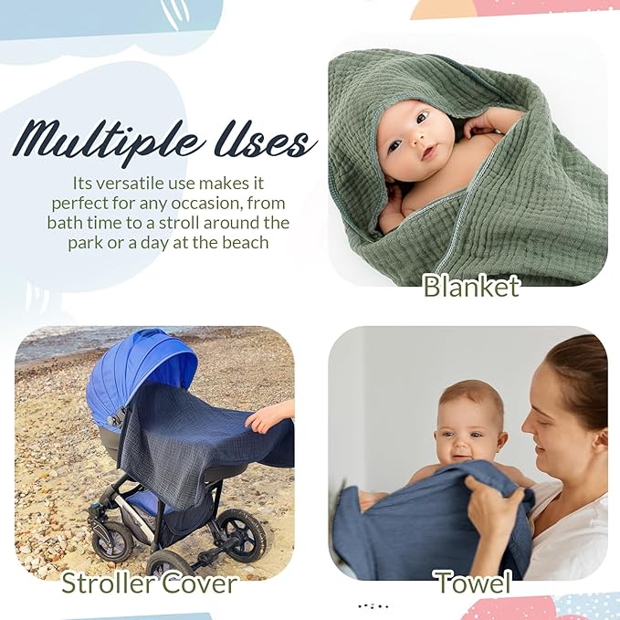 Hahafelt 6 Pcs Muslin Hooded Bath Towels Washcloths and Bibs Set, Muslin Cotton Baby Towels Absorbent Hooded Blanket Towel Infant Bibs for Boys Girls Newborn Infant Essential(Blue, Green)