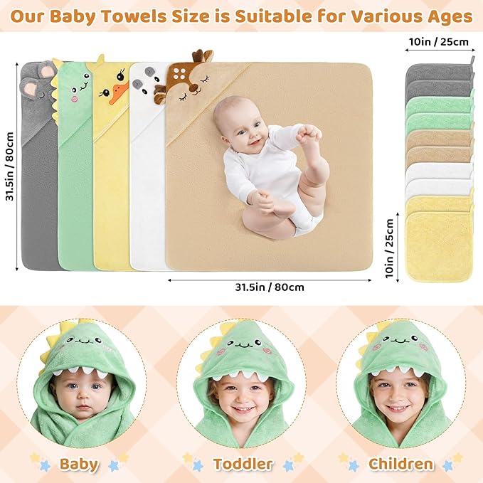 CandyHome 15 PCS Baby Bath Towels, 5 PCS Cute Animal Hooded Baby Towels & 10 PCS Washcloths Set for Infants Toddlers, Ultra Absorbent Soft Baby Bath Essentials Gifts for Boys & Girls