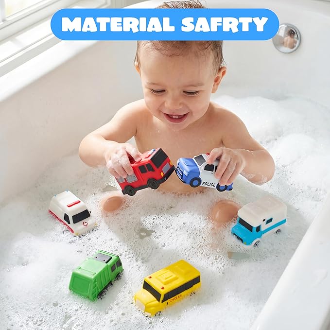 JOYIN 6 Pcs Car Bath Toys, No-Hole Sealed Bathtub Toys for Kids, Soft & Non-Toxic Water Vehicles, Squeezable & Floating Bath Toys for Boys and Girls, Bath & Pool Play