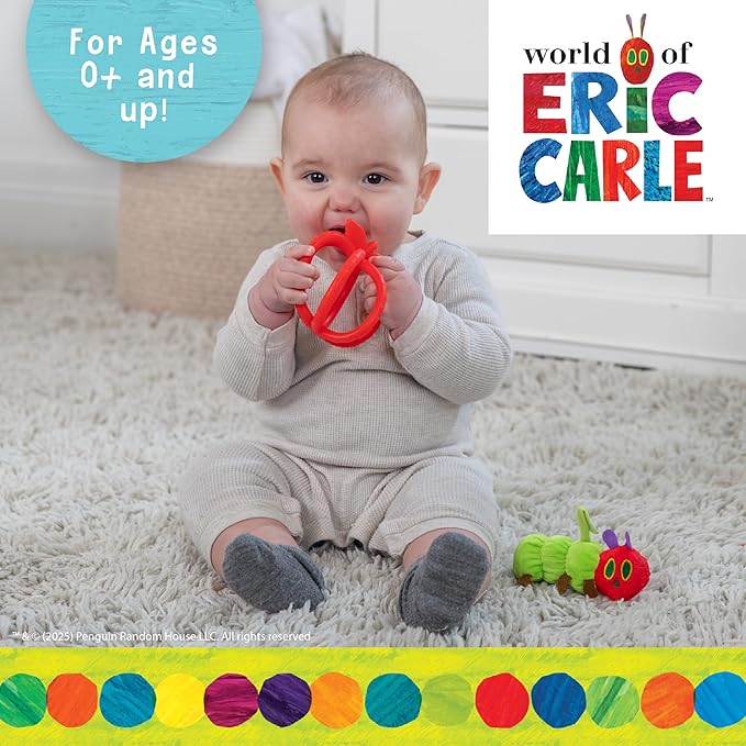 Kids Preferred Eric Carle Toddler Toys The Very Hungry Caterpillar Stuffed Animal Rattle and Red Apple Silicone Teether Newborn Baby Teething Toys Set