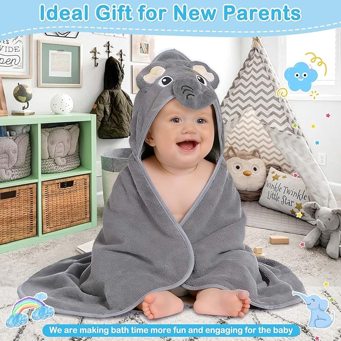 Flasoo 4 Pcs Baby Towels and Washcloths Set, 1 Pcs Animal Hooded Baby Towels & 3 Pcs Baby Washcloths for Newborns, Toddlers, and Kids, Soft Absorbent Hooded Bath Towel for Boys & Girls (Gray Elephant)