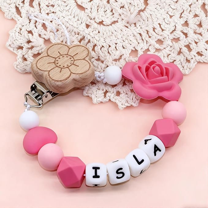 Personalized Flower Pacifier Clip Custom Baby Name Personalized Baby Gift Flower Pacifier Holder Beech Wooden Clip (Style 1)