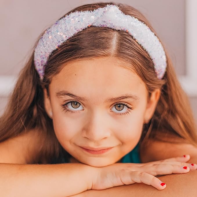 FROG SAC Sequin Knot Headband for Girls, White Knotted Hair Bands Accessories for Kids, Sparkly Iridescent Little Girl Headbands, Cute Fashion Hairbands for Tweens Stocking Stuffers for Children
