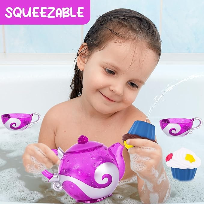 Princess Tea & Treats Water Toy Set - Girls Bath & Pool Tea Party Playset - Teapot, 2 Tea Cups, and 2 Silicone Cupcakes That Spray Water - Water Safe Toys - Toddler Summer Princess Party Favor & Decor