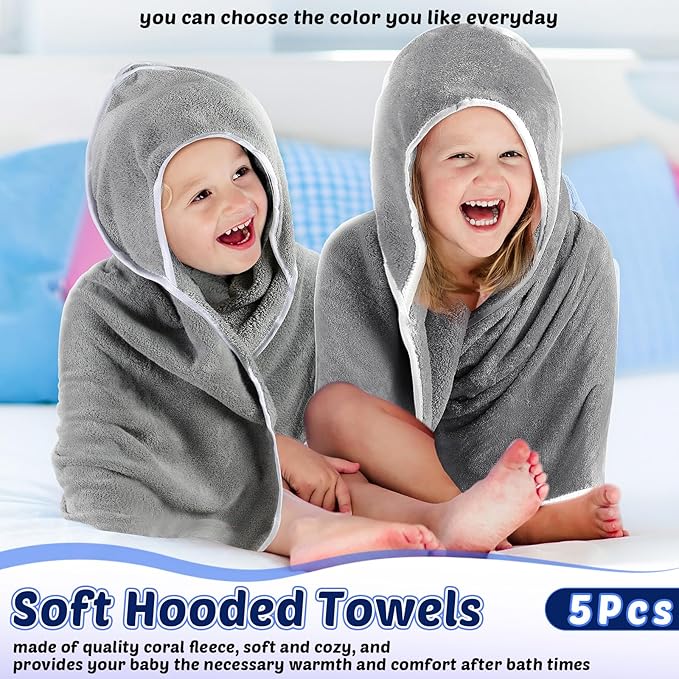 Buryeah 5 Pcs Baby Bath Towel and 15 Count Baby Washcloths Sets, Hooded Towels for Newborns Infants and Toddlers Soft Coral Fleece Toddler for Newborn Boy Girl(Gray)