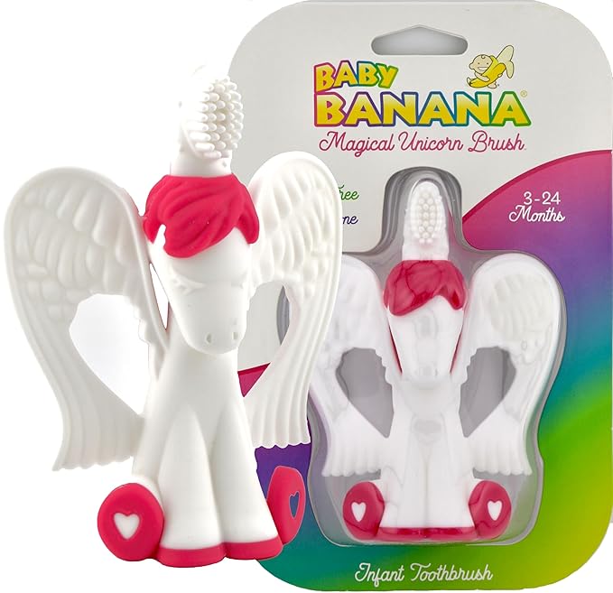 Baby Banana® Unicorn Toothbrush and Teether. Butter Soft Food Grade Bendable silcone with Feather bistles to gnaw on for All Baby Ages. Family-Owned Business.