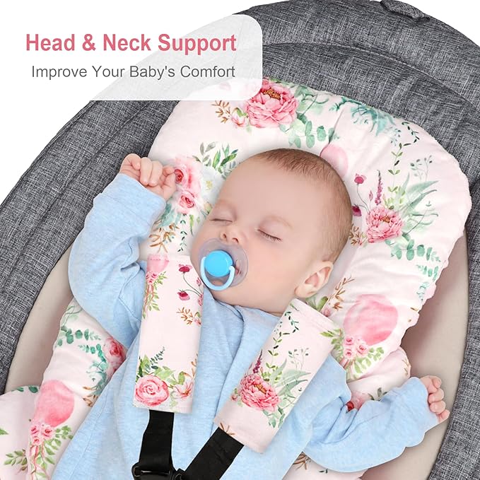 Infant Car Seat Insert, Car Seat Head Support Baby with 2 Covers, Ultra-Soft Newborn carseat Insert, Perfect for Car Seat, Stroller, Swing, Flower