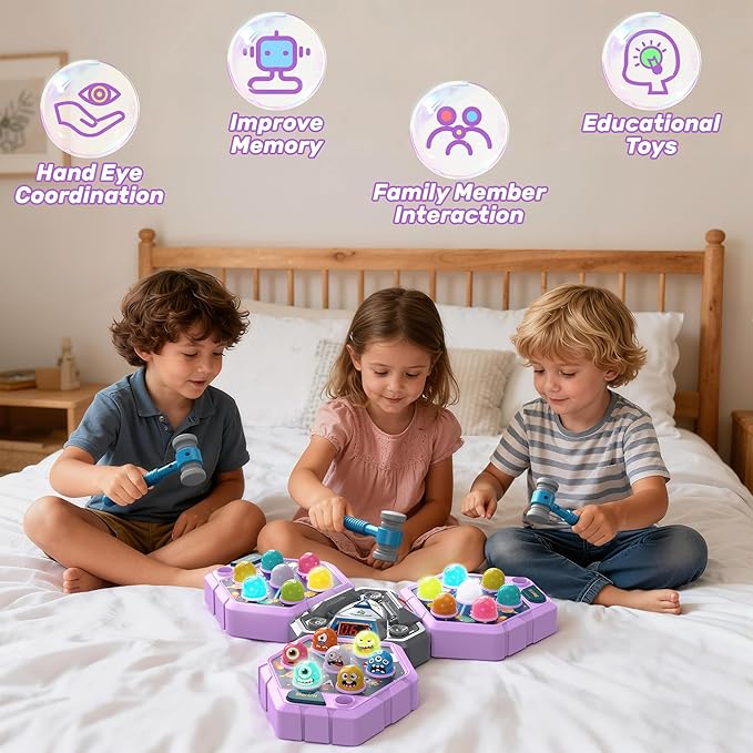Whack Game Mole, Game 3+ Year Old, 3 Year Old Boy, 4 Year Old Toy, Gift for 3 Year Old, Boys Toys Age 4-6, 3-Players Whack Toy with 3 Modes, 7 Speeds, Light&Sounds, Birthday Gift for Todder(Purple)