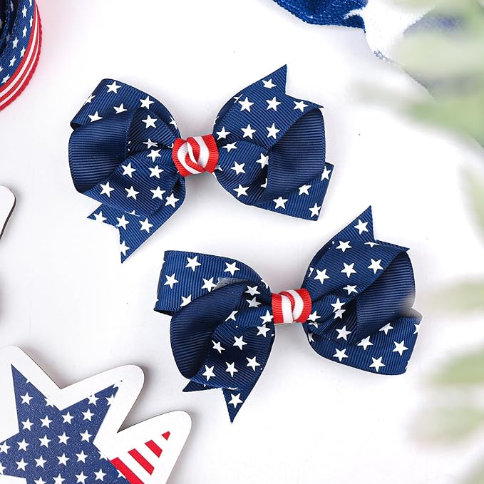 YanJie 2pcs 4th of July Hair Clips 4'' Navy Blue Bow White Stars Baby Girls Clip American Flag Hair Bow Patriotic Accessories Independence Day