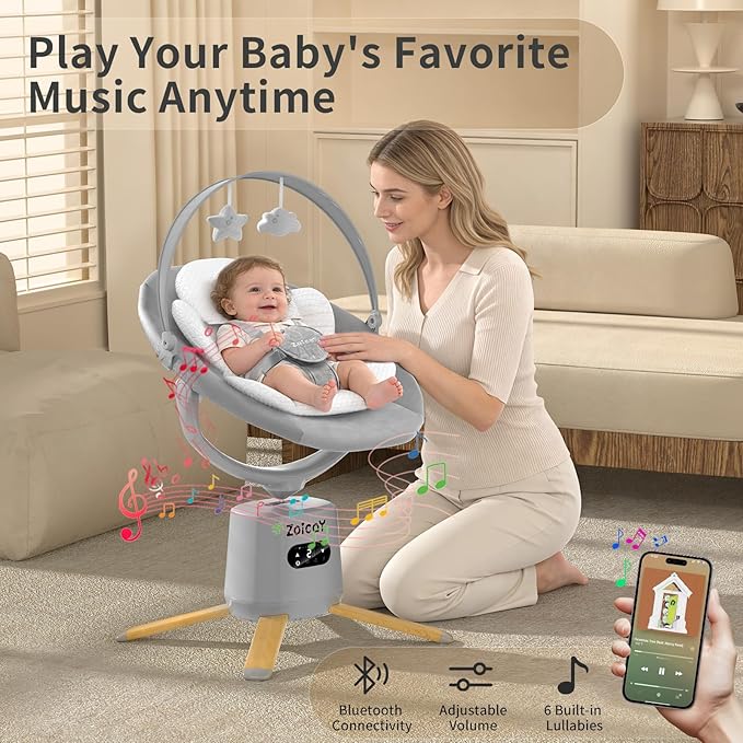 Baby Swings for Infants, Zoicay Electric 3D-Motion Baby Swing with 9 Modes & 8 Speeds, 360° Rotating Seat, APP & Remote Control, 6 Lullabies, Portable Infant Swing for Indoor and Outdoor(Gray)