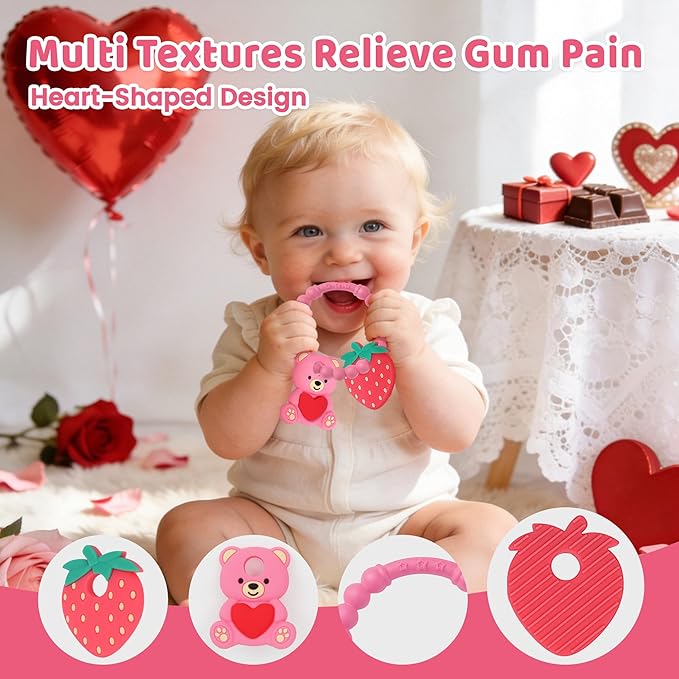 Baby Teething Toys, Baby Valentines Day Gifts, Valentines Gifts for Toddlers, Baby's Valentine Teether Toys with Heart Shape for Infants 3-12 Months Baby's First Valentine's Day Gift for Boys & Girls