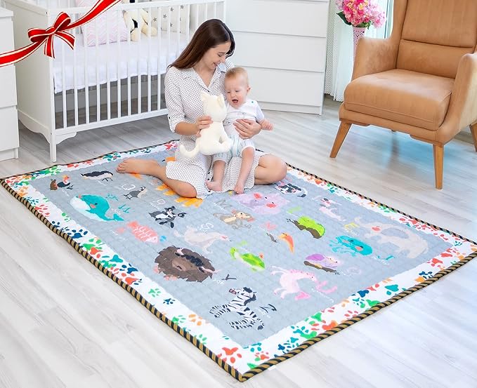 Moiré Baby A to Z Animal Learning Baby Play Mat Extra Large 76 in. x 58 Padded Crawling Carpet for Babies (A to Z Animal)