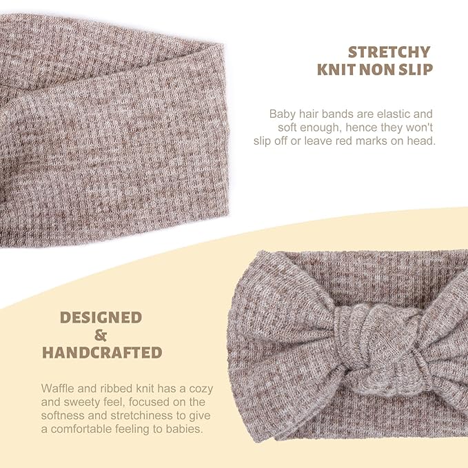Baby Girls Waffle Headbands with Bows Elastics Handmade Hair Accessories Newborn Infant Toddler Hairbands and Bows Headwrap Kids 3 Packs Yellow Dark Khaki Gray