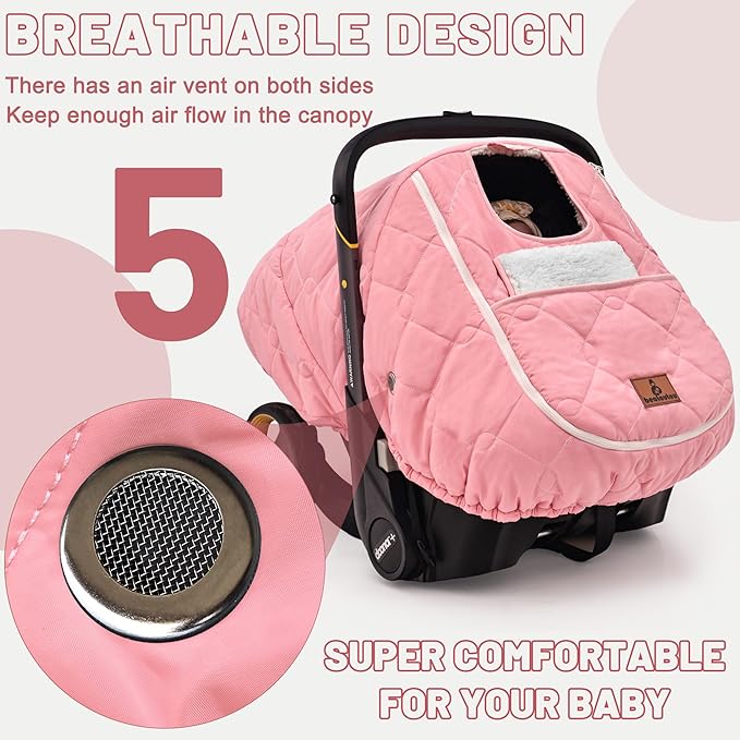 Winter Carseat Cover for Baby，Waterproof Baby Car Seat Cover Compatible with Doona Car Seat and Stroller，Cold Weather Warm Car Seat Covers for Babies, Keeps Babies Warm and Cozy (Pink)