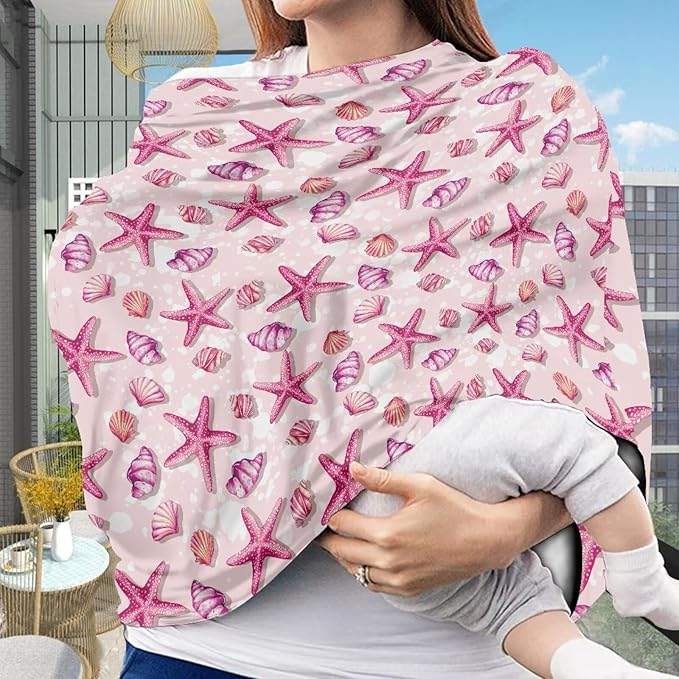 AFPANQZ Pink Starfish Nursing Cover Breastfeeding Scarf Baby Car Seat Covers for Boys Girls Infant Carseat Canopy Stretchy Soft Breathable Multi-Use Cover Up for Stroller High Chair