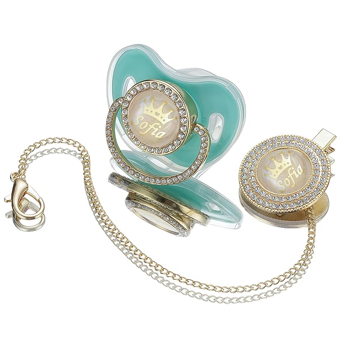 Sparkling Bling Custom Baby Pacifiers and Clips/Holder Kit with Name Personalized with Rhinestones for Boy and Girl Baby Shower (Mint)