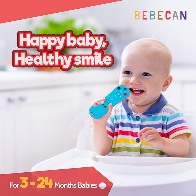 BEBECAN Teether Remote Control for Baby – Remote Toy for Infants and Toddlers 3 6 9 12 18 24 Months, Safe BPA-Free Soft Silicone Baby Chew Remote (Blue)