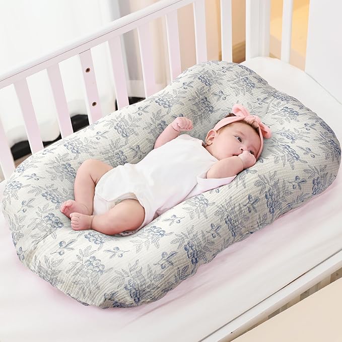 FUNUPUP Muslin Baby Lounger Cover Compatible with Snuggle Me Lounger, Infant Pillow Cover for Newborn, Removable Nest Slipcover for Boys and Girls, Only Cover, Blueberries & Blue