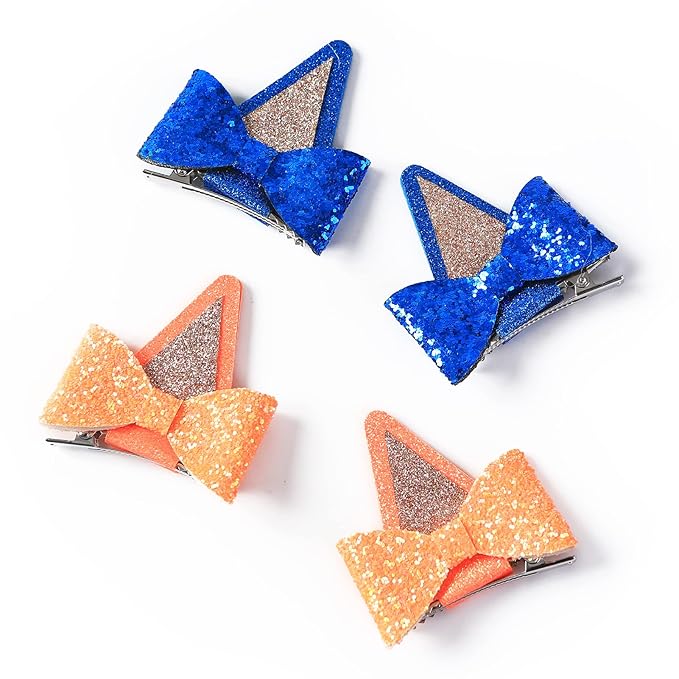 2 Pairs Dog Ears Hair Bow Clips for Toddler Kids Glitter Bows Halloween Costume Accessories Animal Cosplay Birthday Party Supplies Blue Orange