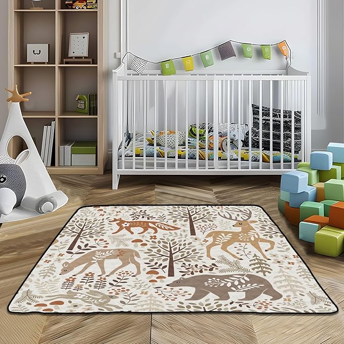 Baby Play Mat Woodland Fox Deer Trees Leaves 50 x 50 Playpen Mat Baby Play Mats for Floor Play Gym Crawling Mat Non-Slip Cushioned Baby Playmat for Infants, Babies, Toddlers