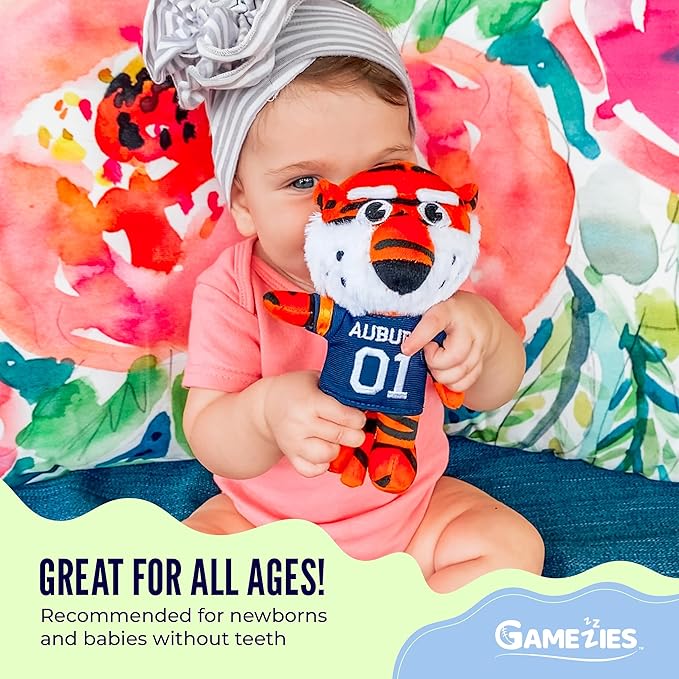 Gamezies Baby Boy and Girl Silicone Pacifier with College Mascot Removable, Washable Plush Toy CPSIA Tested, BPA-Free 0-6 Months (Auburn)