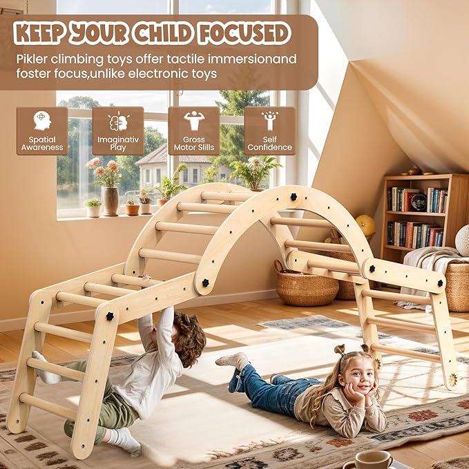 Deformable Pikler Triangle Set with Sliding Ramp & Climbing Arch Ramp, Wooden Toddler Climbing Toys Indoor, Playground Jungle Gym for Kids, Montessori Climbing Set for Toddlers