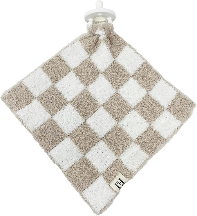 L+L USA Checkered Baby Lovey Pacifier/Teether Holder 10"x10" - DreamSoft Plush Fluffy Cuddly Soothie Reversible Mini Comfort Blanket - Cute Newborn Gift Essential Babies Boys Girls (Tan/White)