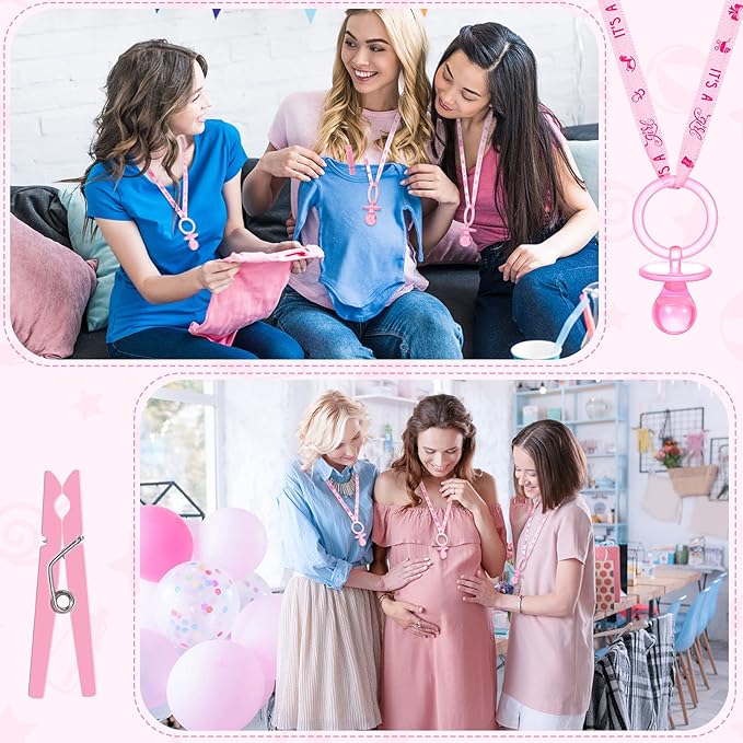 Coume 48 Sets Baby Shower Pacifiers Necklace with Mini Clothes Pins Acrylic Pacifier Bulk Newborn Party Favors for Women Men Baby Shower Decorations Gender Reveal Party Supplies(Pink)