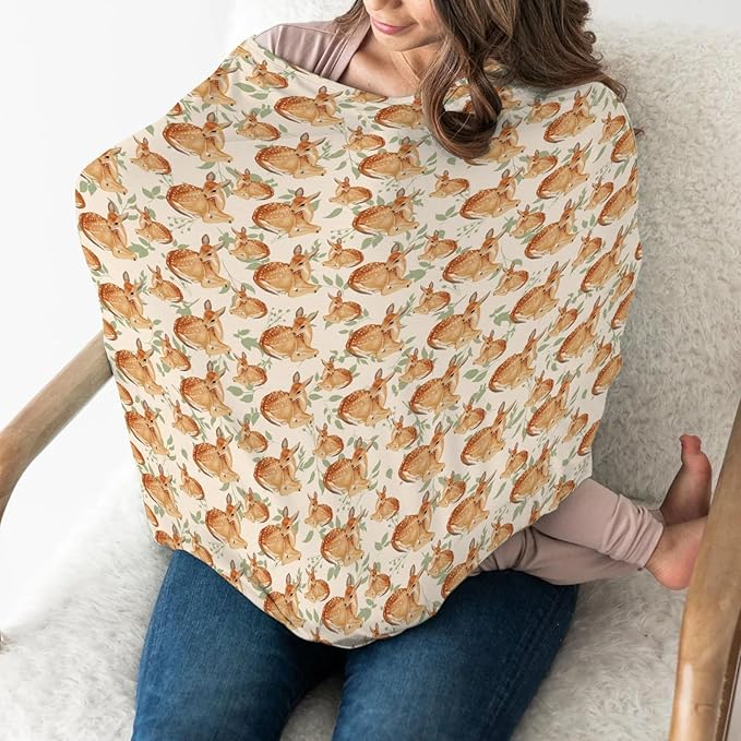 Vintage Deer Green Leaves Car Seat Cover for Babies Retro Deer Boho Leaves Stretchy 5-in-1 Cover Adjustable Infant Carseat Cover Canopy Spring Animal Breathable Nursing Cover-Up