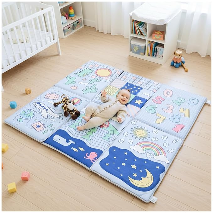 Todale Foldable Baby Play Mat, 50x50 Inch Padded Floor Mat for Infants and Toddlers, Non-Slip Waterproof Tummy Time Mat for Playpens, Educational Activity Area with Numbers and Animals