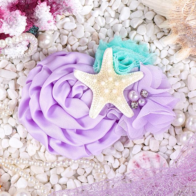 YanJie Girls' Starfish Mermaid Headband with Aqua Lavender Glitter Hair Clip - Newborn Hair Bows for Birthday Party Gift, Mermaid Hair Accessories